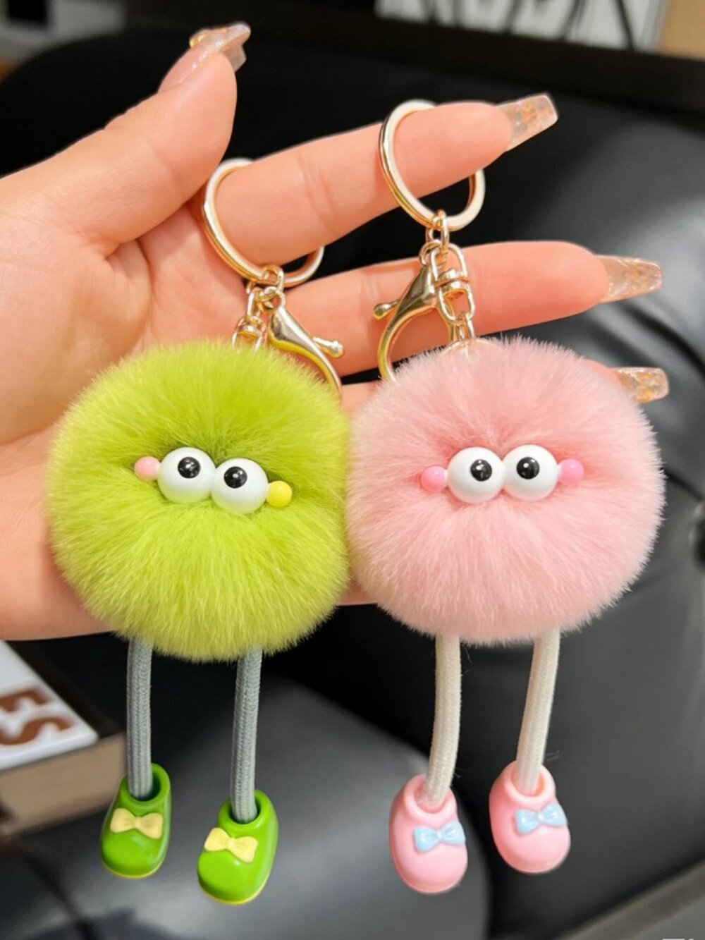 Cute Monster Pom Pom with Legs Fluffy Keychain 2-Piece Key Chain Ring Bag Charm